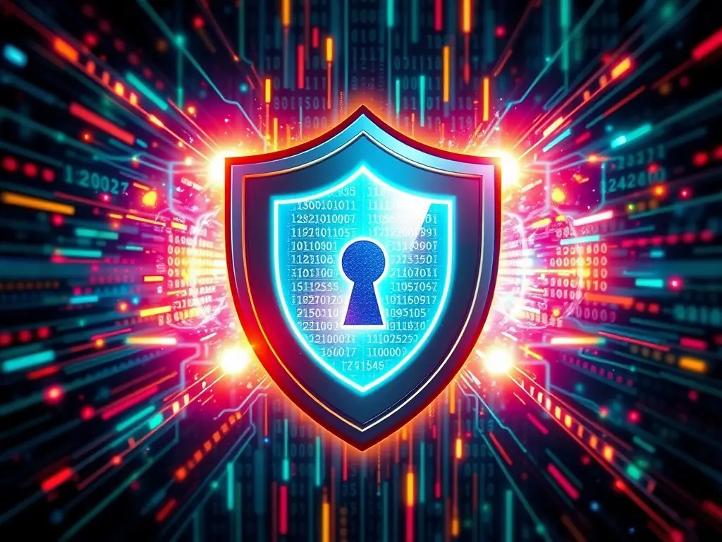 A digital shield representing cybersecurity, with various layers of protection against cyber threats.