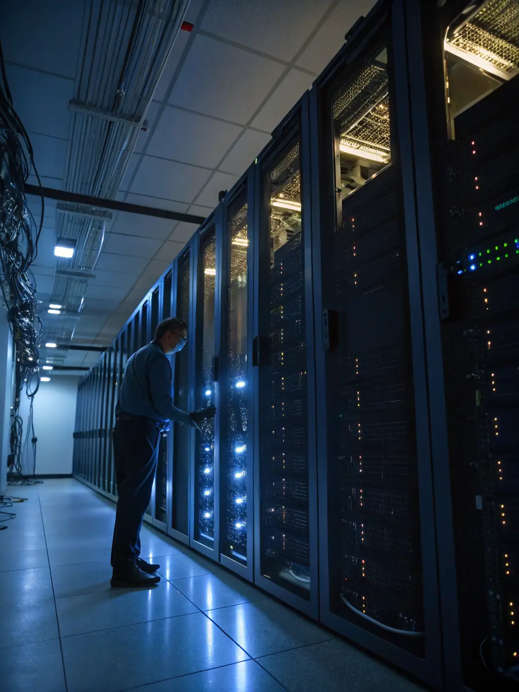 A well-organized server room with blinking lights and neatly arranged cables, symbolizing IT infrastructure planning for a Singaporean SME.