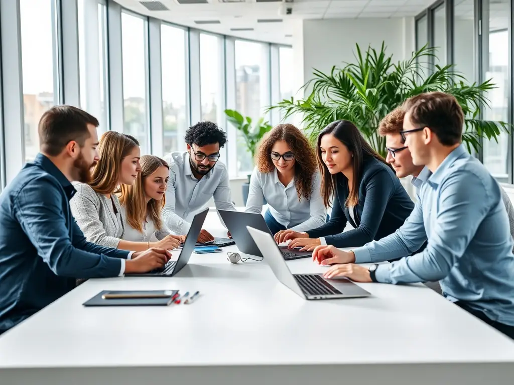 A modern office setting with a team collaborating on IT infrastructure planning, showcasing the design and implementation of scalable and secure systems.